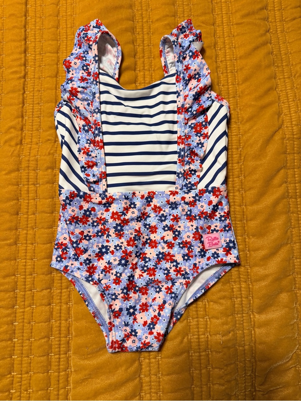 Ruffle Butts Girls One-Piece Swimsuit - Red, Blue, White Floral & Stripe